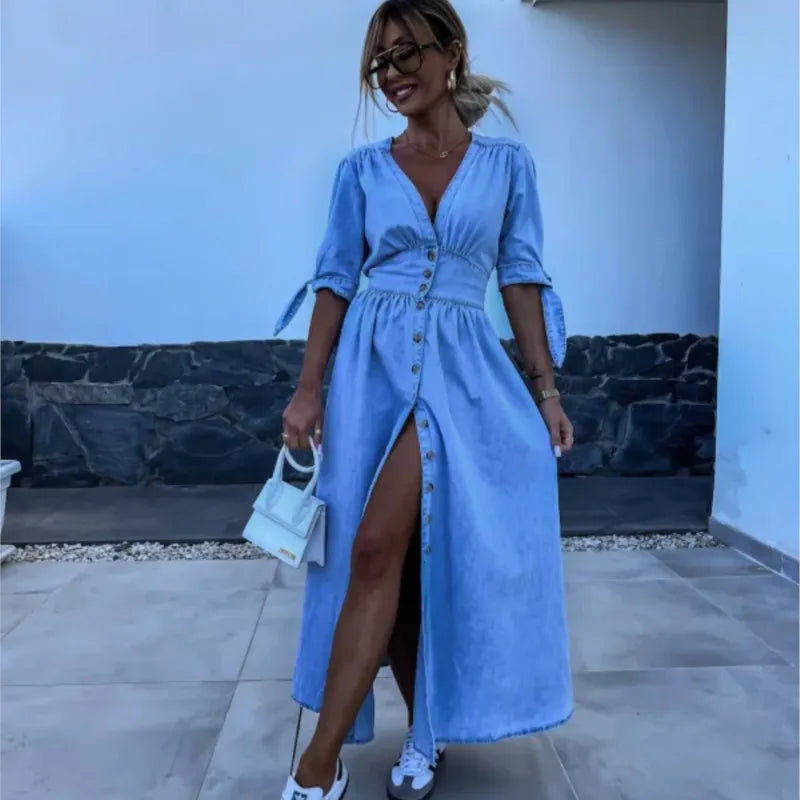 Women Dresses: V Neck Denim Dress - Elegant Style | Salman Store