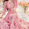 Floral Print Chiffon V-Neck Maxi Dress - Korean High Waist Casual - JStorehub 