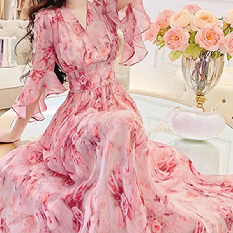 Floral Print Chiffon V-Neck Maxi Dress - Korean High Waist Casual - JStorehub 