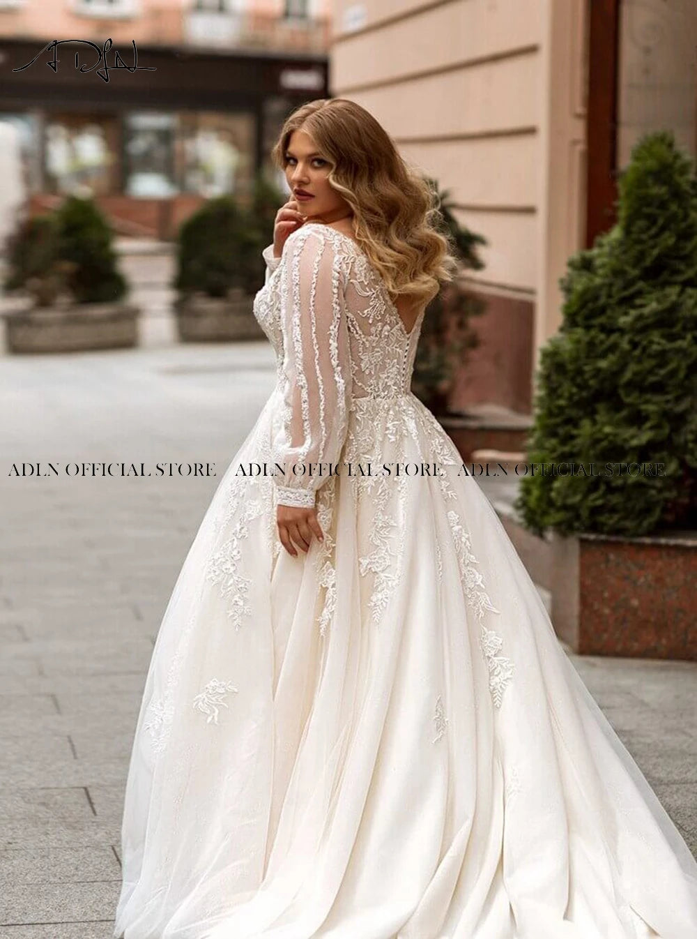 Gorgeous A-Line Plus Size Wedding Dress - Customized Long Sleeve Bridal Gown with Sweep Train - JStorehub 