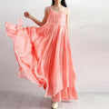 Summer Artistic Double Layer Linen Dress - Asymmetrical Hem Wide Waist - JStorehub 