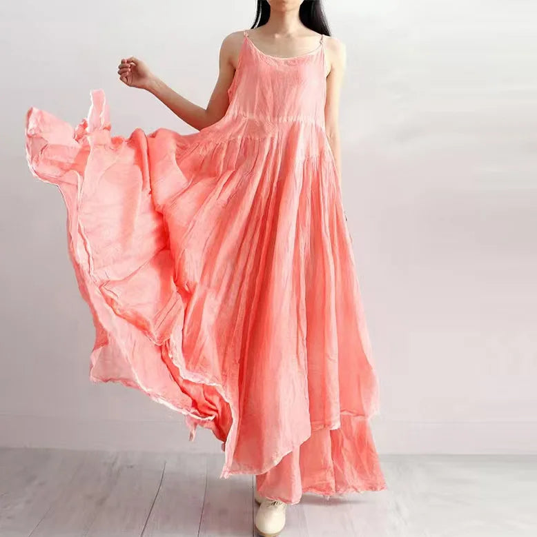 Summer Artistic Double Layer Linen Dress - Asymmetrical Hem Wide Waist - JStorehub 
