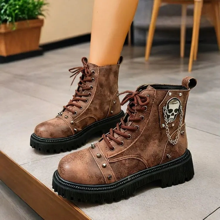 Women's Punk Ankle Boots - Platform Buckle Lace-Up Block Heel Shoes