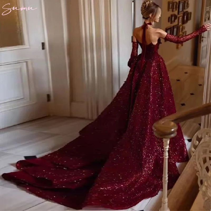 Burgundy A-Line Side Slit Wedding Dress - Off Shoulder Beaded with Detachable Sleeves - JStorehub 