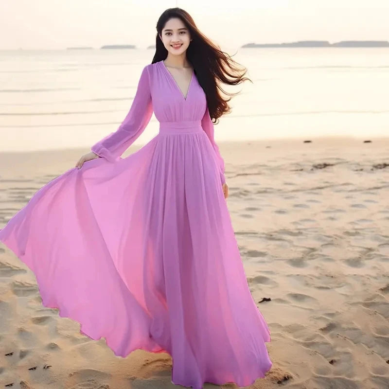 Beach Chiffon Long Sleeve Dress - Spring Summer Vacation Elegant Gown - JStorehub 