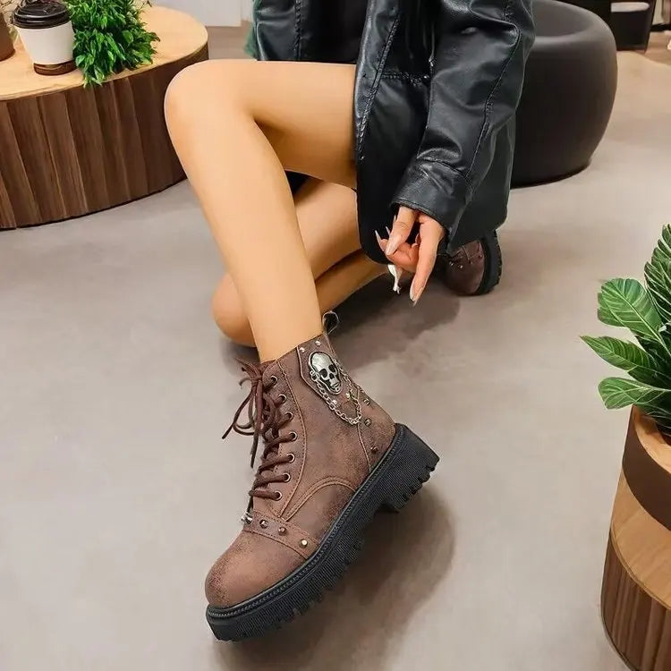 Women's Punk Ankle Boots - Platform Buckle Lace-Up Block Heel Shoes