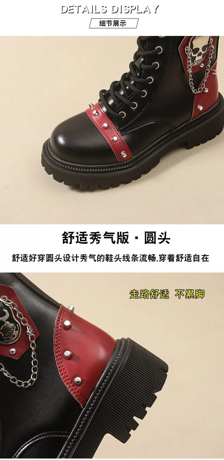 Women's Punk Ankle Boots - Platform Buckle Lace-Up Block Heel Shoes - JStorehub 