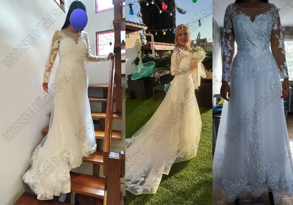 Elegant O-Neck Wedding Dress - Lace-Up A-Line Applique Tulle Long Sleeve Gown - JStorehub 