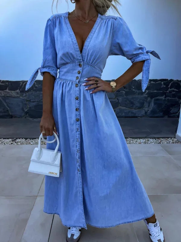 Women Dresses: V Neck Denim Dress - Elegant Style | Salman Store