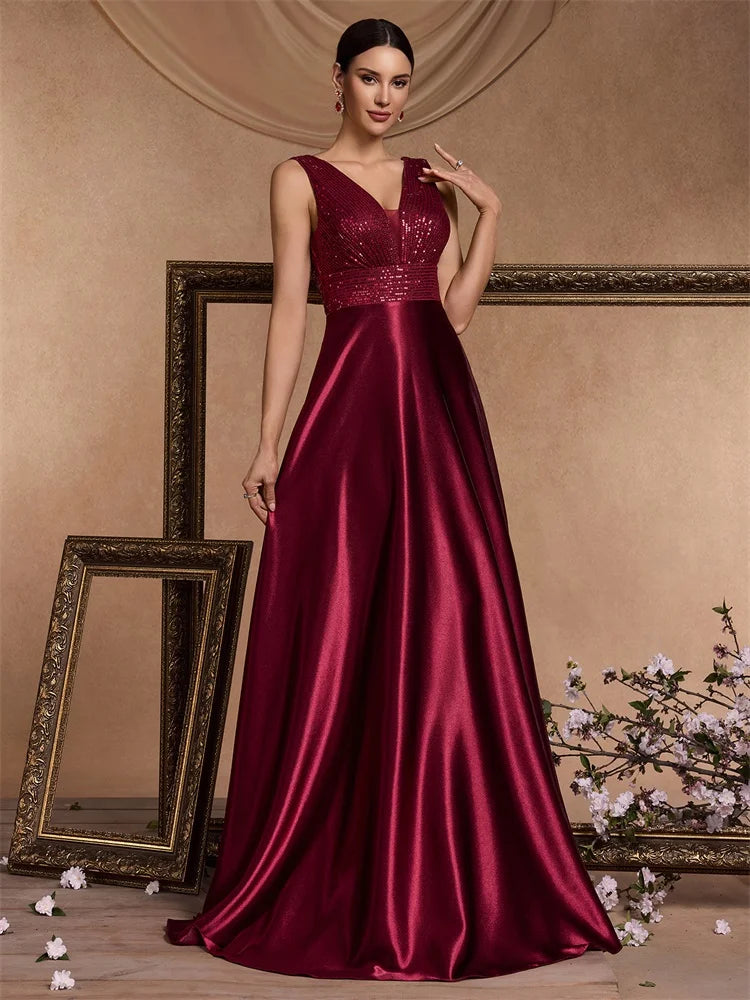 Elegant Sequin Evening Dress for Women - Deep V-Neck Satin Prom Gown 2024 - JStorehub 