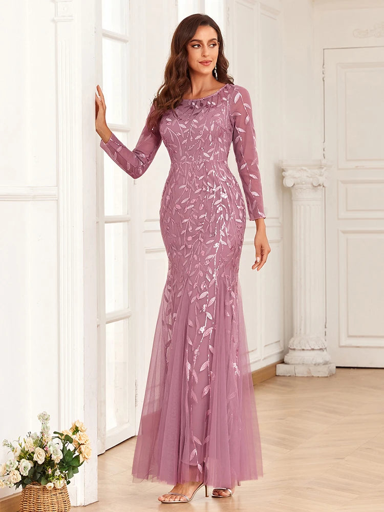 Mermaid Tulle Embroidery Evening Dress - O-Neck Full Sleeve Formal Gown - SalmanStore 