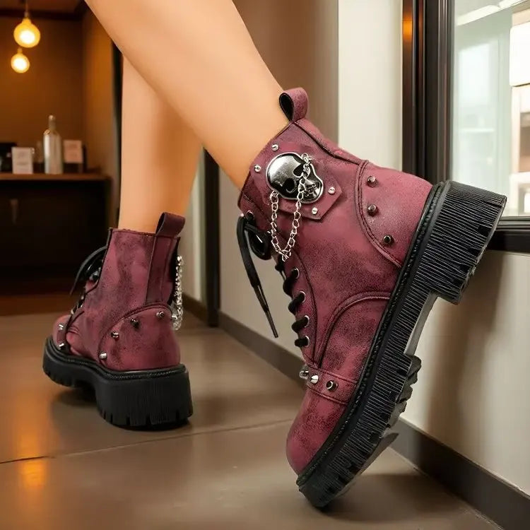 Women's Punk Ankle Boots - Platform Buckle Lace-Up Block Heel Shoes