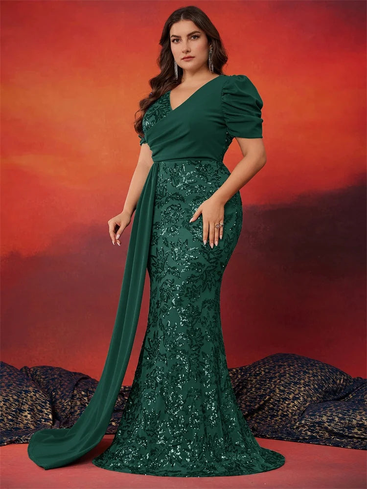 Plus Size Elegant V-neck Sequins Evening Dress Women Short Sleeves Mermaid Formal Luxury Party Streamer Prom Dress - JStorehub 