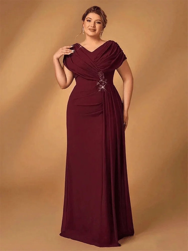 Plus Size Luxury Navy Blue Chiffon Mother of Bride Evening Dress - JStorehub 