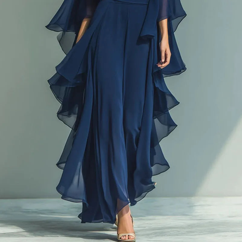 2026 Spring Chiffon 2-Piece Set - Elegant O-Neck Flare Sleeve & Wide Leg Pants - JStorehub 