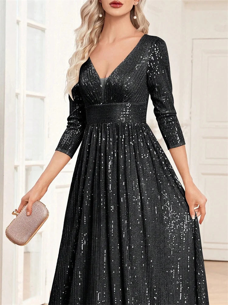 Luxury Blue Sequin Long Sleeve Evening Dress - V-Neck Formal Prom Gown 2025 - JStorehub 