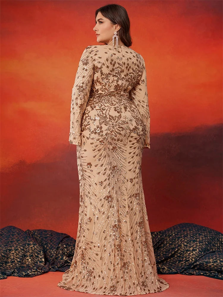 Plus Size Gold Sequin Mermaid Evening Dress - Long Sleeve Formal Prom Gown - SalmanStore 