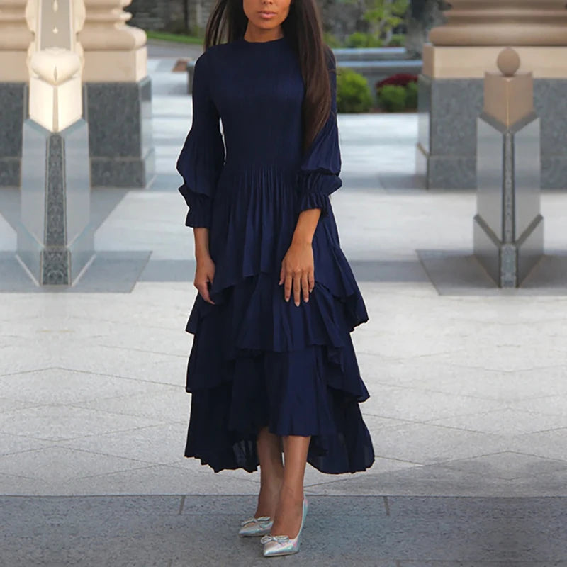 Miyake Pleated Lantern Sleeve Dress - Solid Color Lotus Edge Long Skirt - JStorehub 