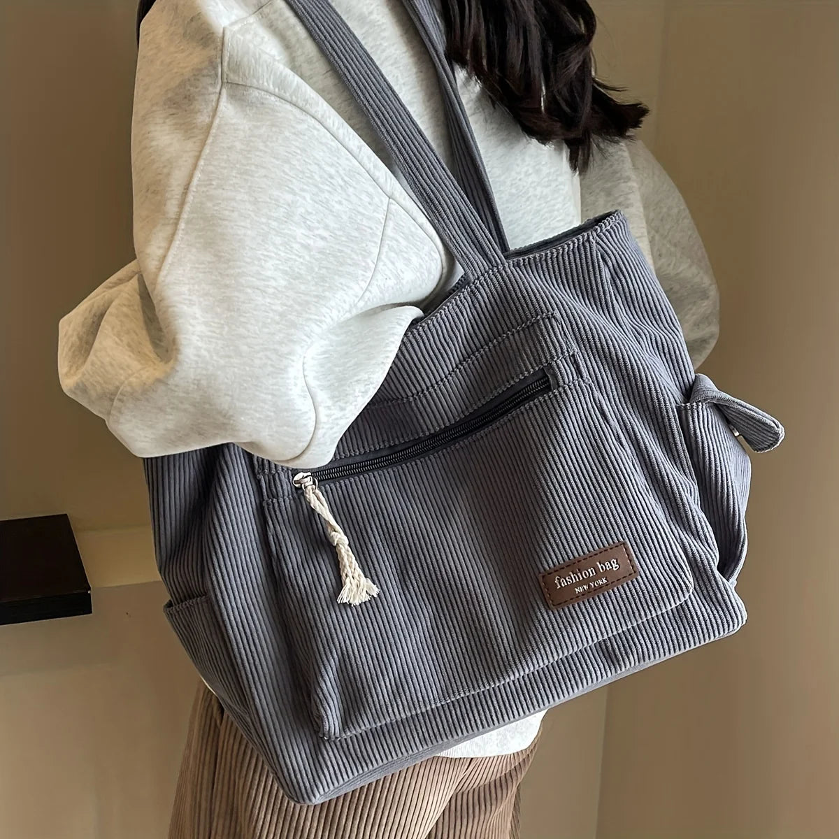 Simple Corduroy Tote Bag for Women - Solid Color Retro Multi-Pocket Shoulder Bag - JStorehub 