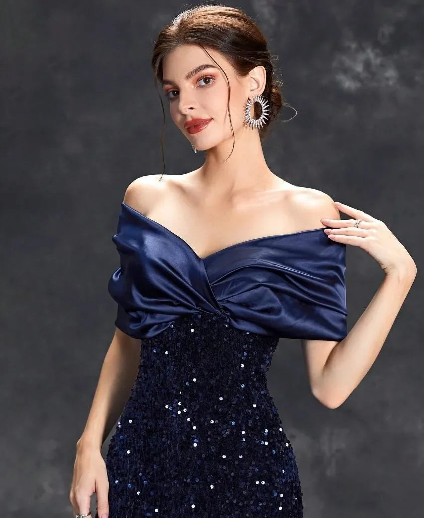 Slim Fit One Shoulder Sequin Evening Gown - A-Line Floor Length Party Dress - JStorehub 