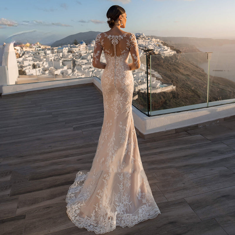 Gorgeous Detachable 2-in-1 Wedding Dress - Embroidered Lace with Train & Full Sleeves - JStorehub 