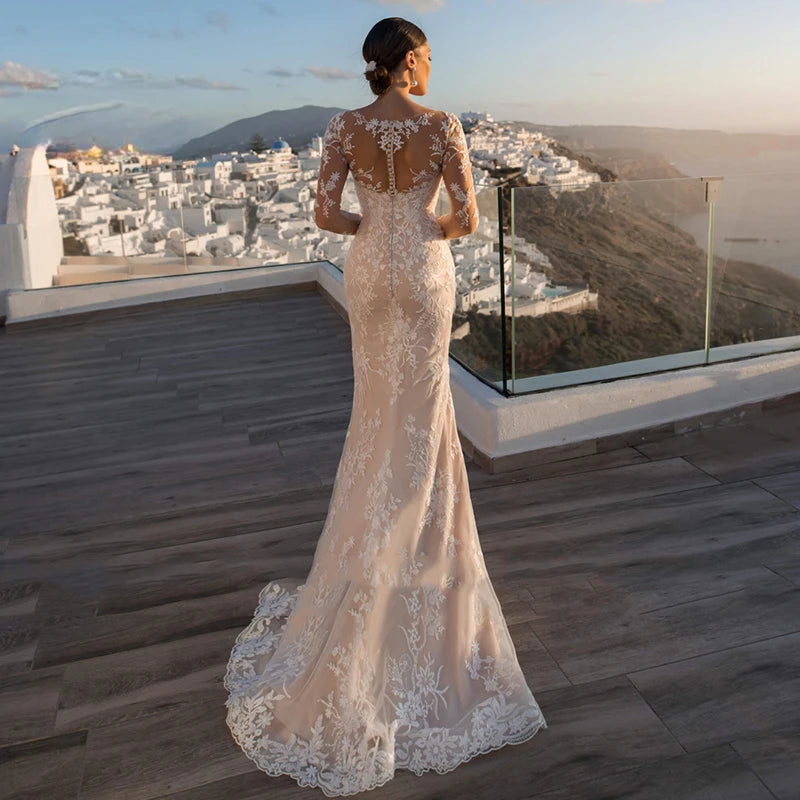 Gorgeous Detachable 2-in-1 Wedding Dress - Embroidered Lace with Train & Full Sleeves - JStorehub 
