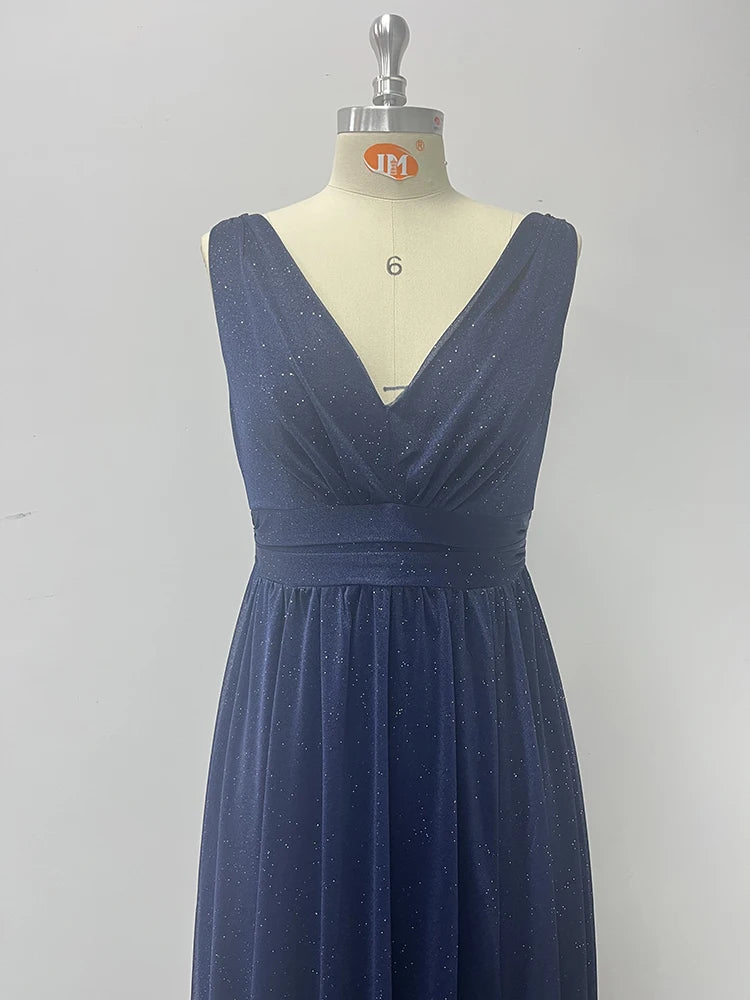 Sparkling Chiffon Double V-Neck A-Line Evening Gown with Side Slit - Bridesmaid Dress - SalmanStore 