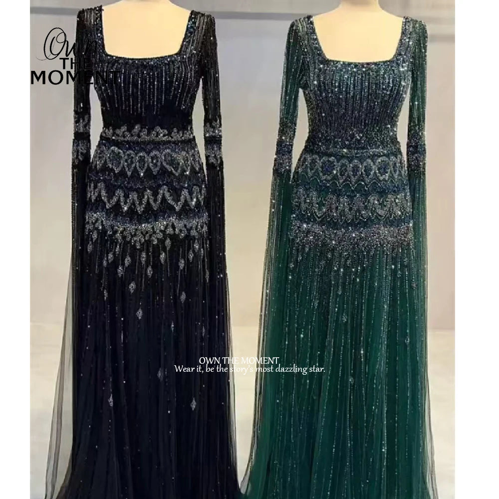 A-Line Beading Prom Dress - Square Collar Long Sleeve Evening Gown - JStorehub 