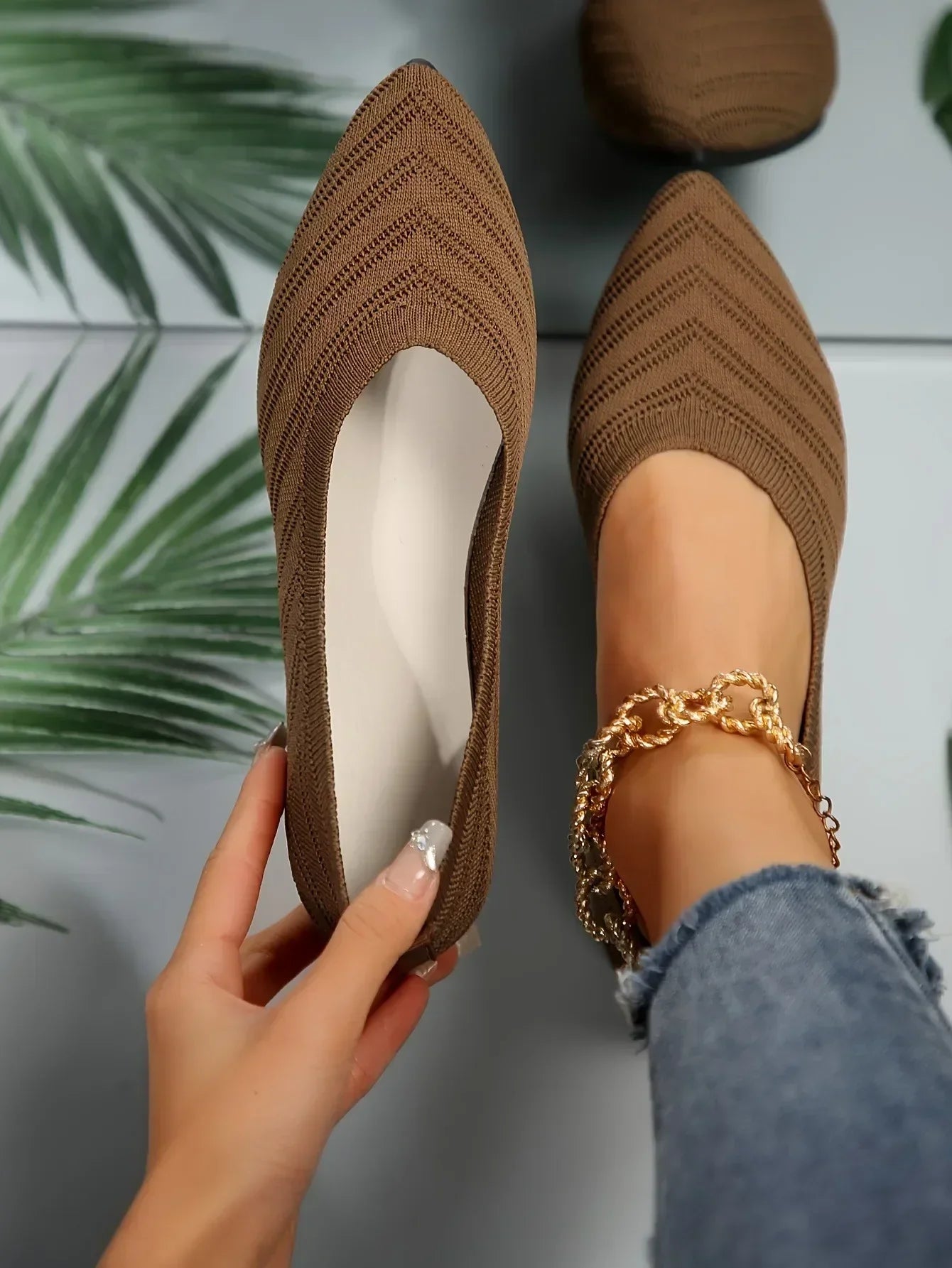 Apricot Knitted Pointed Toe Flat Shoes for Women - Slip-On Comfort