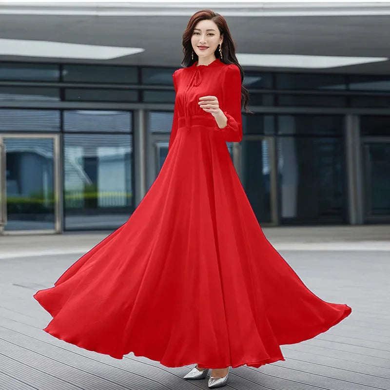 2026 Bohemian Beach Long Chiffon Dress - Elegant Long Sleeve 4XL