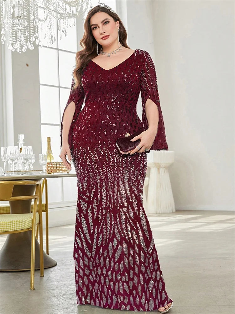 Plus Size Black Sequin Long Sleeve Evening Dress 2025 Luxury Prom - JStorehub 
