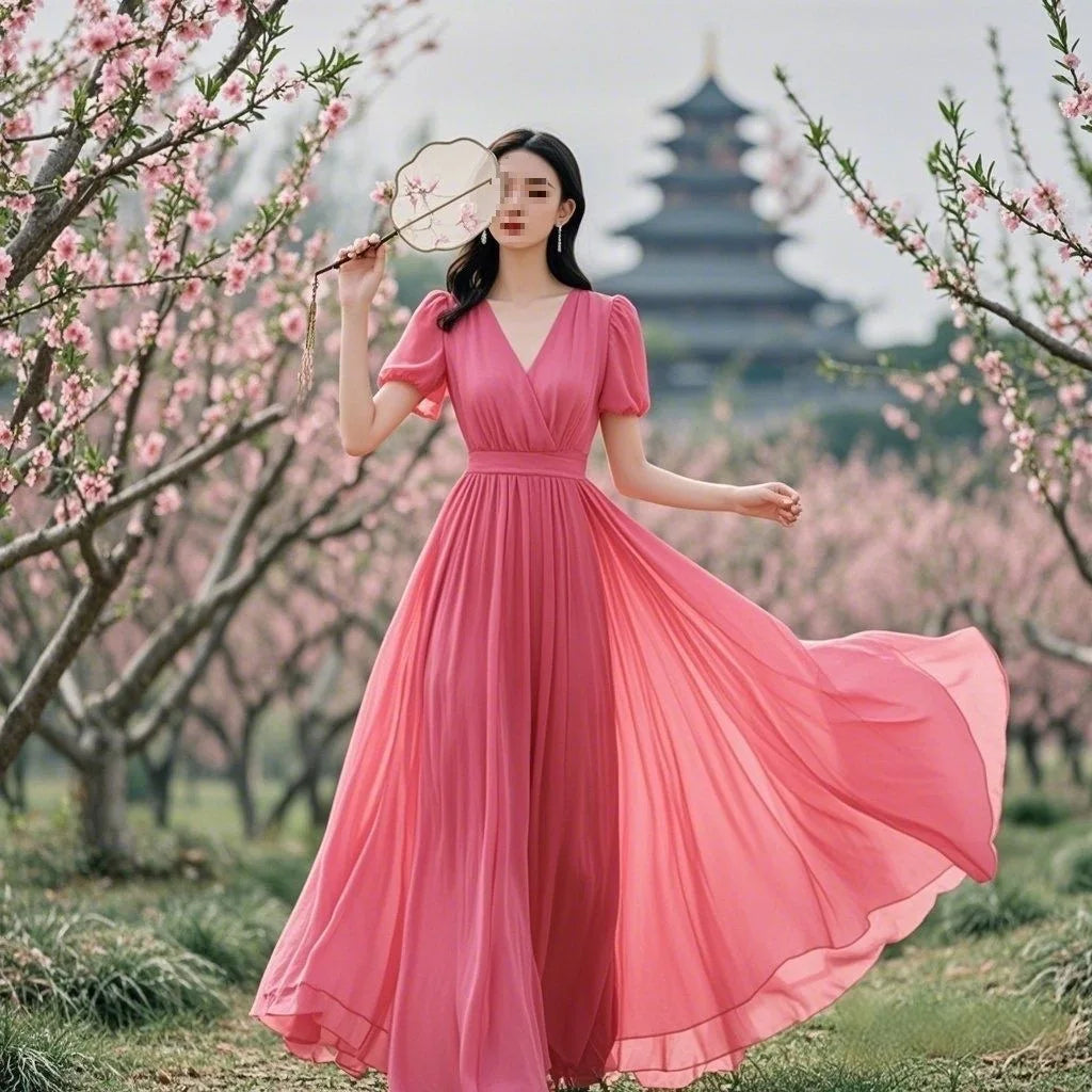 Elegant French Style Chiffon Maxi Dress - Beach Vacation Summer 2026 - JStorehub 