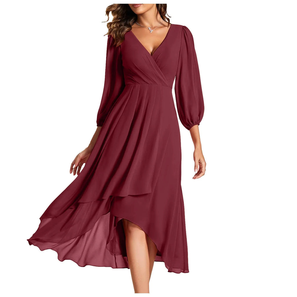Elegant Navy Blue Chiffon Evening Dress - Long Sleeve Pleated Knee Length - JStorehub 