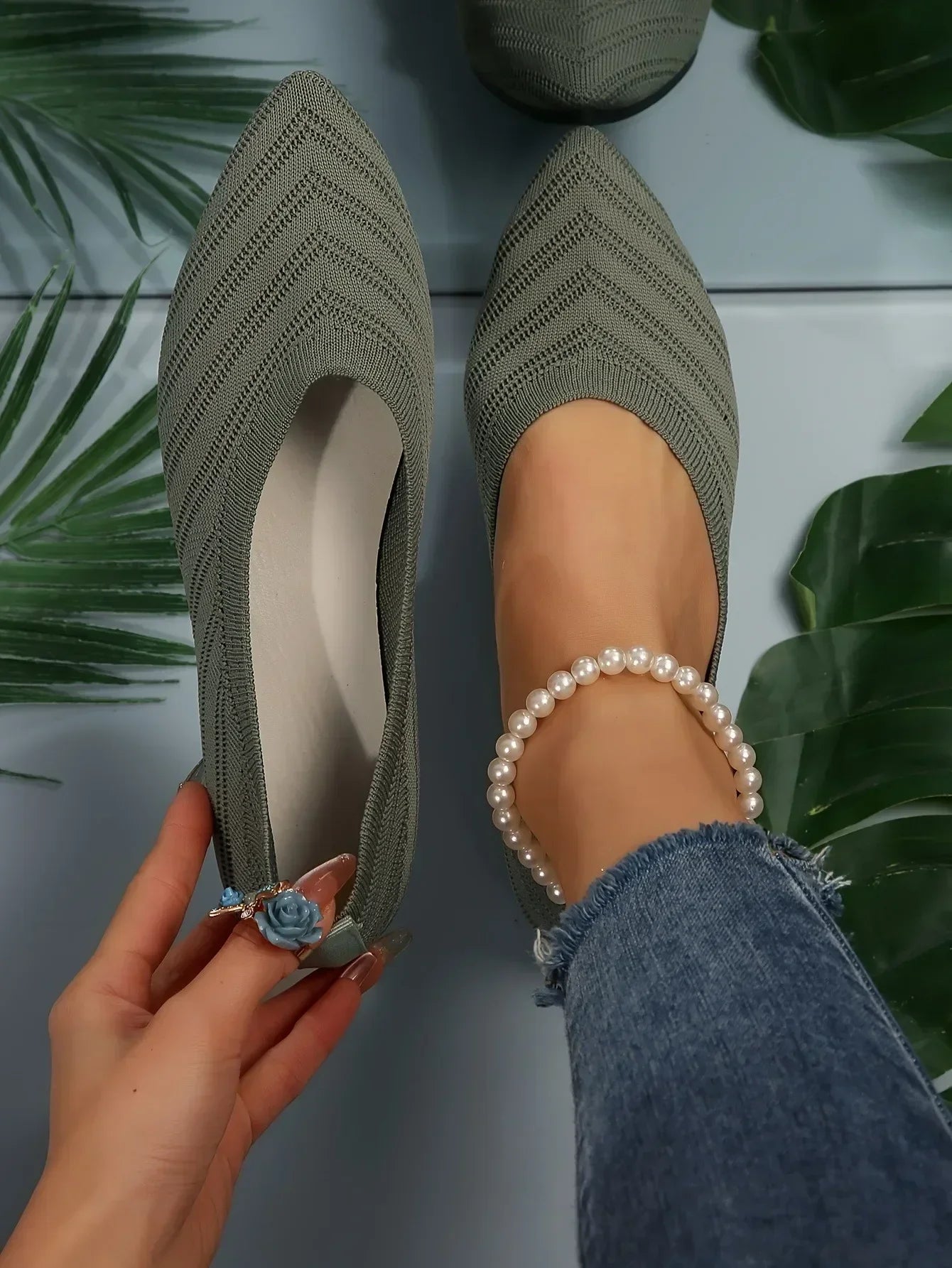 Apricot Knitted Pointed Toe Flat Shoes for Women - Slip-On Comfort