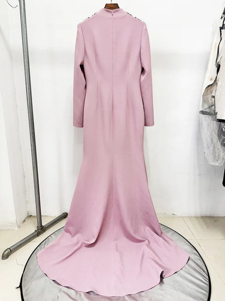 HIGH STREET Newest Fashion 2026 Designer Maxi Dresses Women's Diamonds Beaded Slit Sleeve Long Maxi Dress - JStorehub 