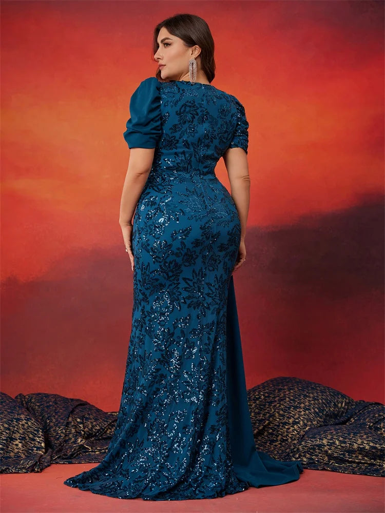 Plus Size Elegant V-neck Sequins Evening Dress Women Short Sleeves Mermaid Formal Luxury Party Streamer Prom Dress - JStorehub 