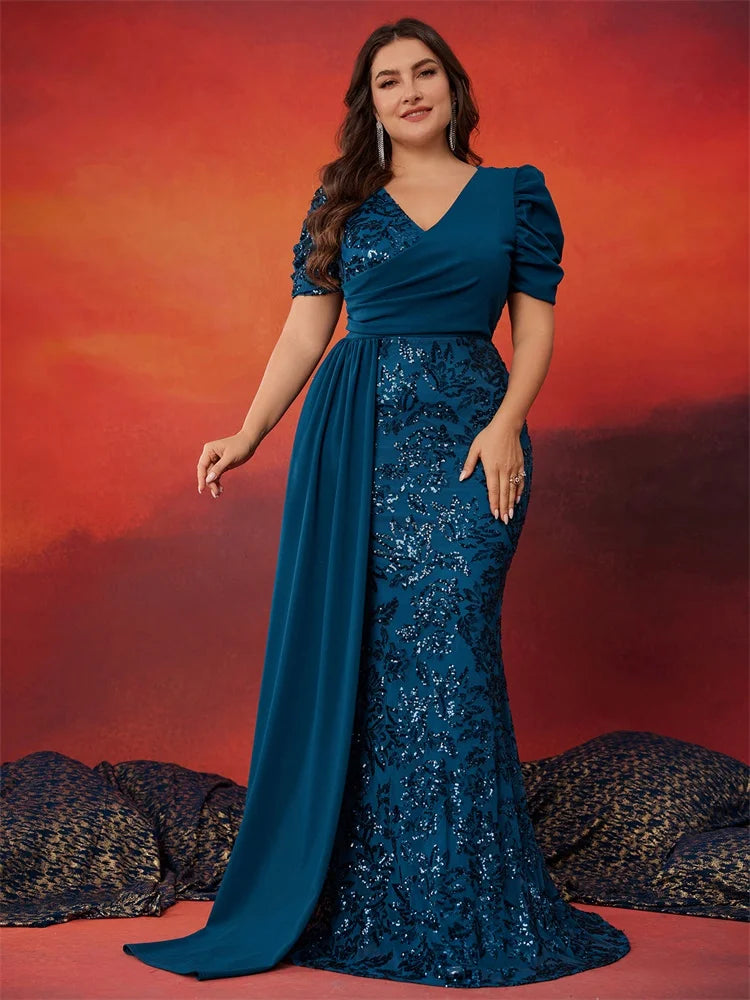 Plus Size Elegant V-neck Sequins Evening Dress Women Short Sleeves Mermaid Formal Luxury Party Streamer Prom Dress - JStorehub 