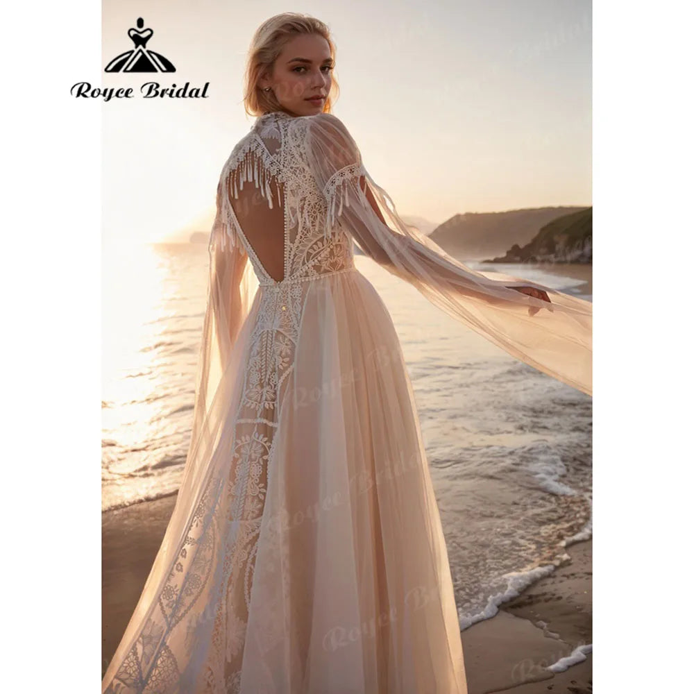 Hippie Flowy Lace Boho Wedding Dress with Cape - Backless Bohemian Bridal Gown - JStorehub 