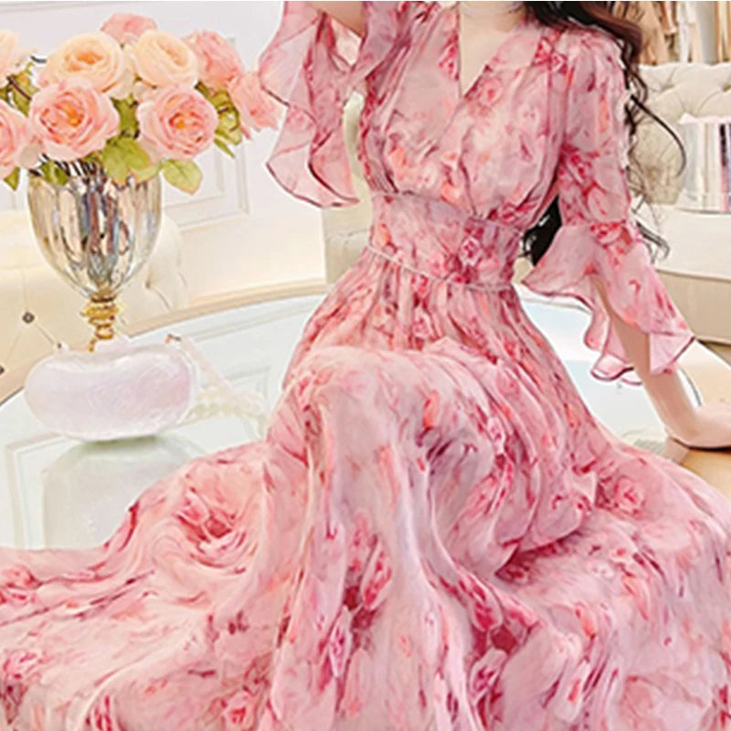Floral Print Chiffon V-Neck Maxi Dress - Korean High Waist Casual - JStorehub 