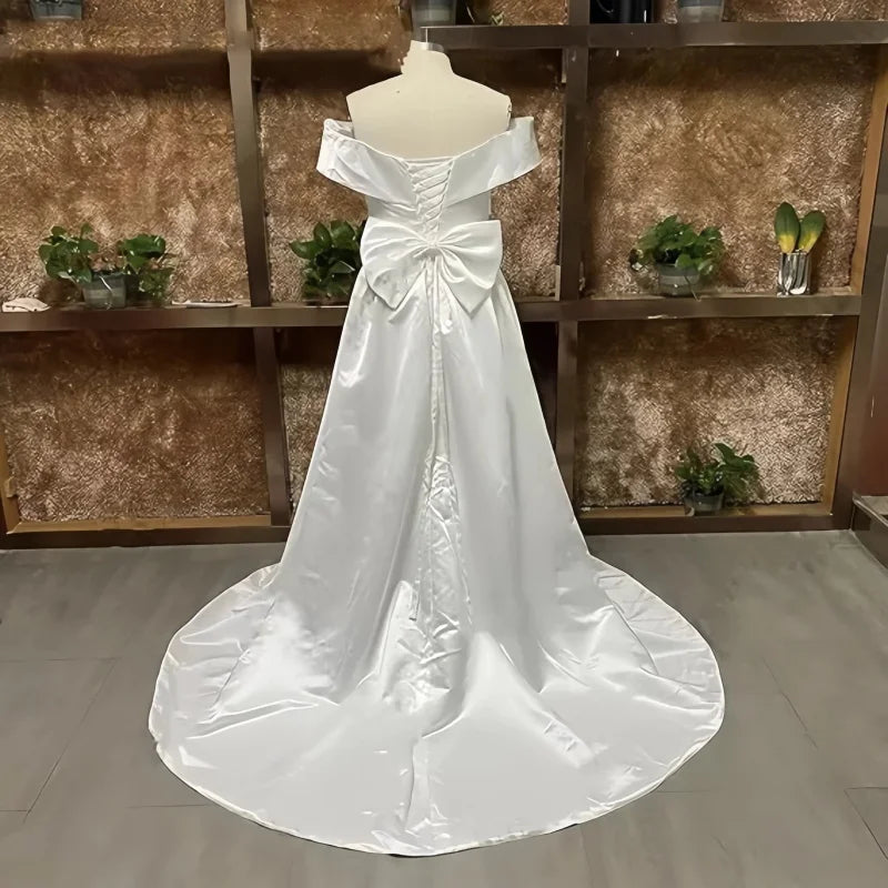 Plus Size Satin Off‑Shoulder Wedding Dress - SalmanStore 