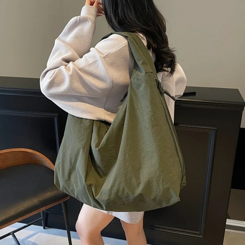 Chic Solid Color Nylon Tote Bag with Multiple Pockets - Large Capacity Shoulder Bag - JStorehub 