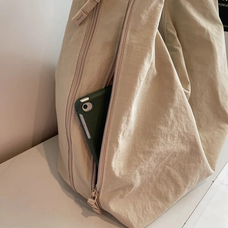 Chic Solid Color Nylon Tote Bag with Multiple Pockets - Large Capacity Shoulder Bag - JStorehub 