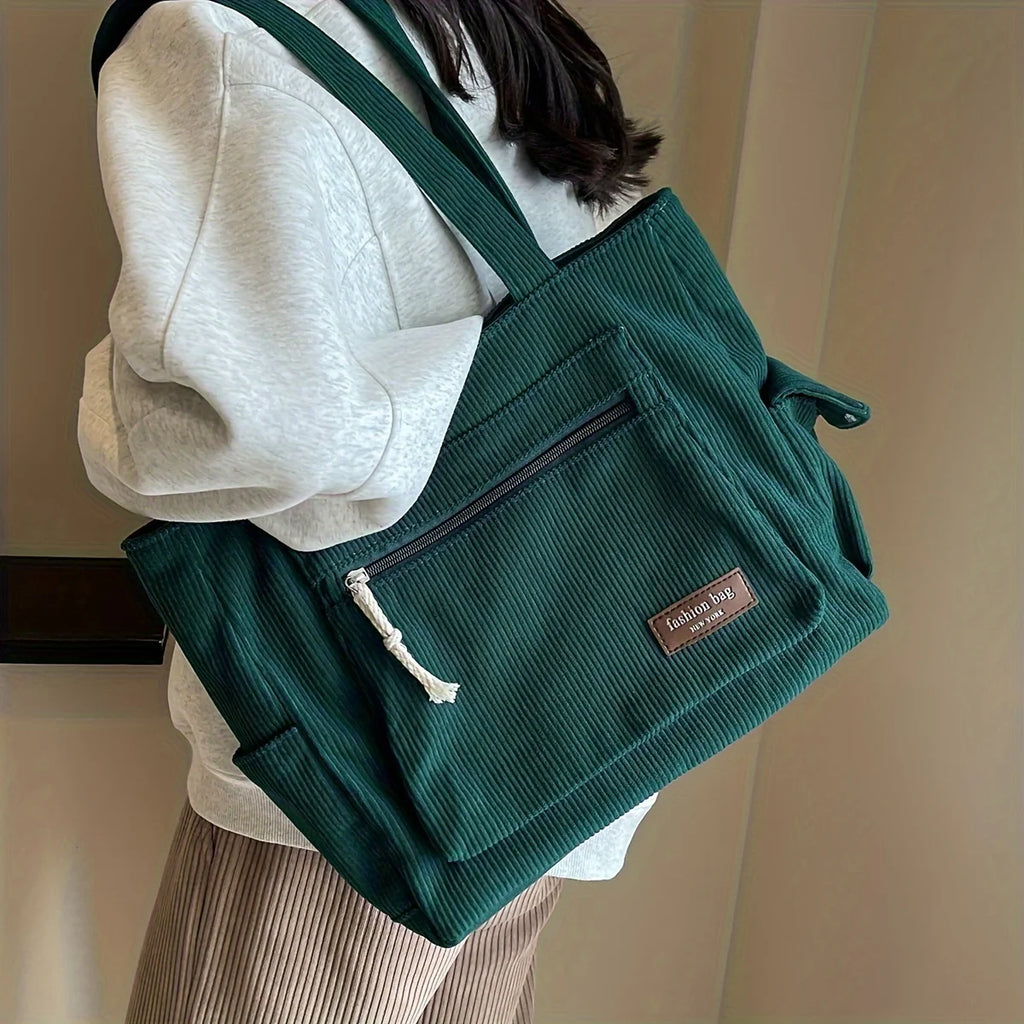 Simple Corduroy Tote Bag for Women - Solid Color Retro Multi-Pocket Shoulder Bag - JStorehub 