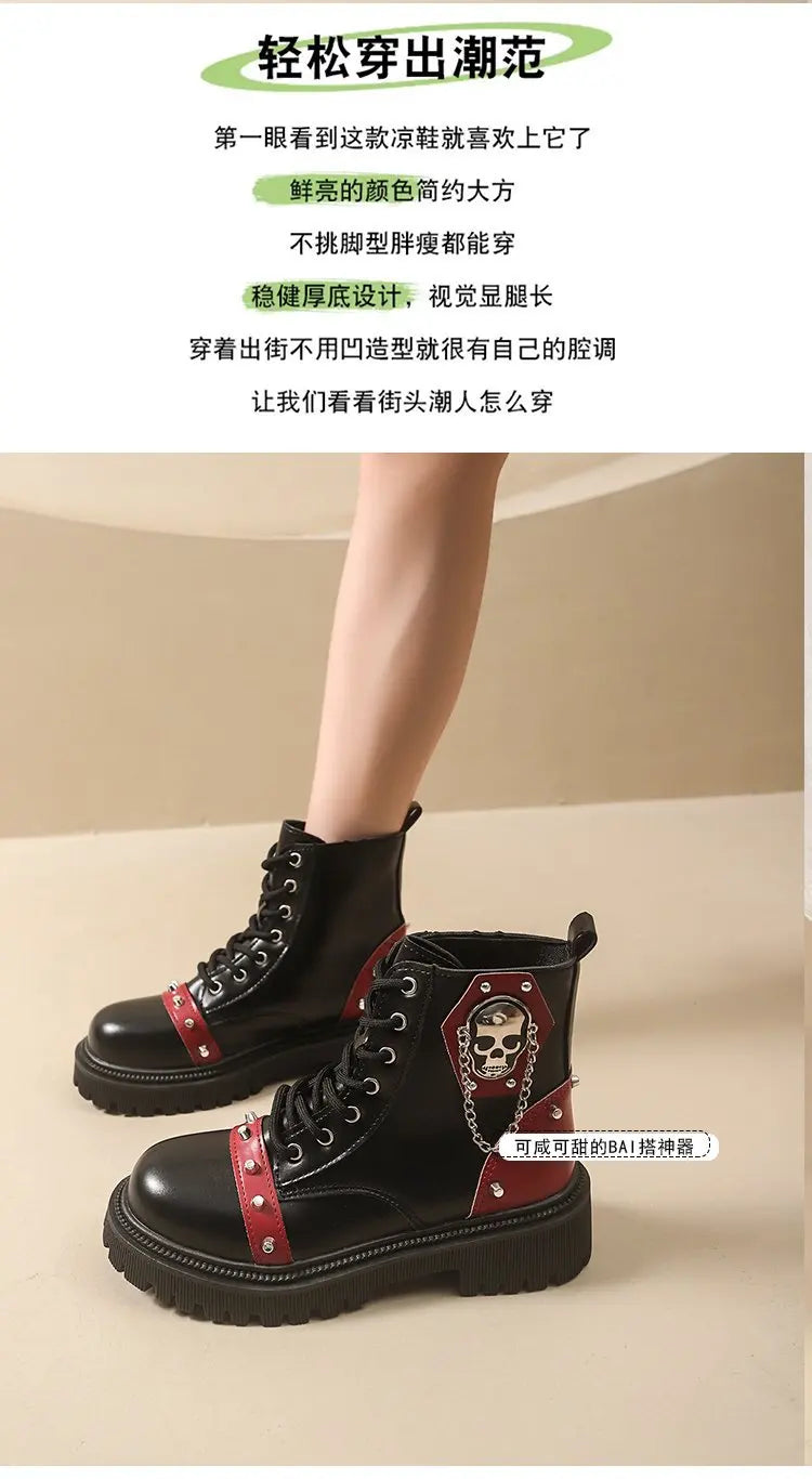 Women's Punk Ankle Boots - Platform Buckle Lace-Up Block Heel Shoes - JStorehub 