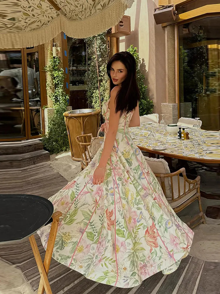 Elegant Printed Flower Women's Dress Contrast Sleeveless Halter Waist-Closed A-Line Lady Dresses Summer Fashion Vacation Robe