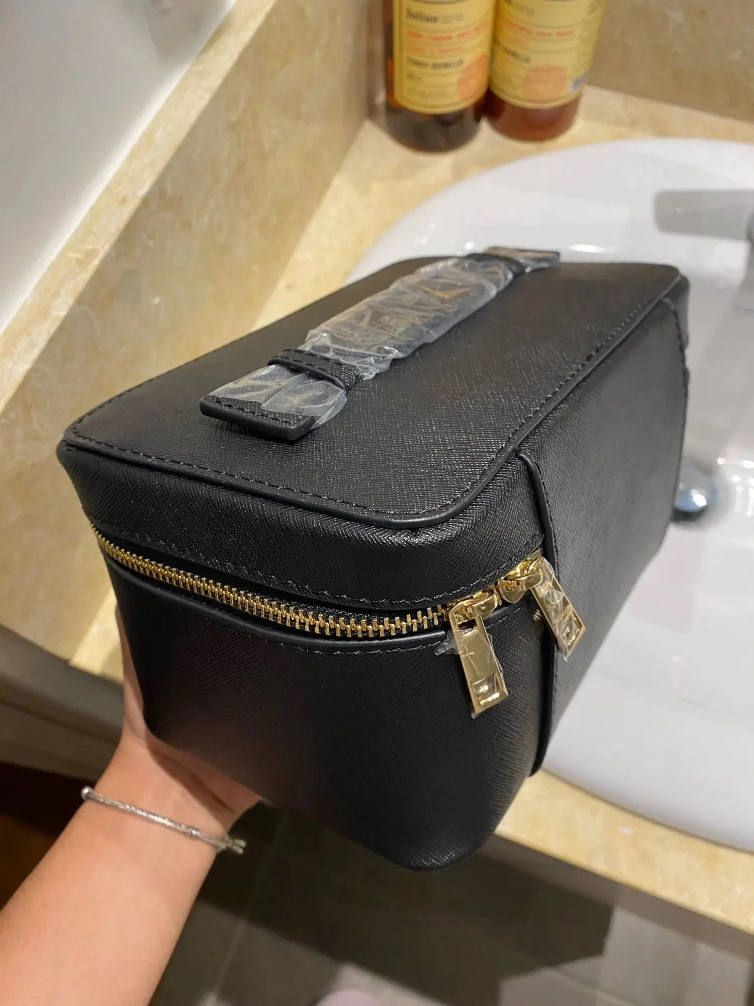 Custom Name Ladies Saffiano Split Leather Travel Toiletry Bag - Hanging Makeup Organizer - JStorehub 
