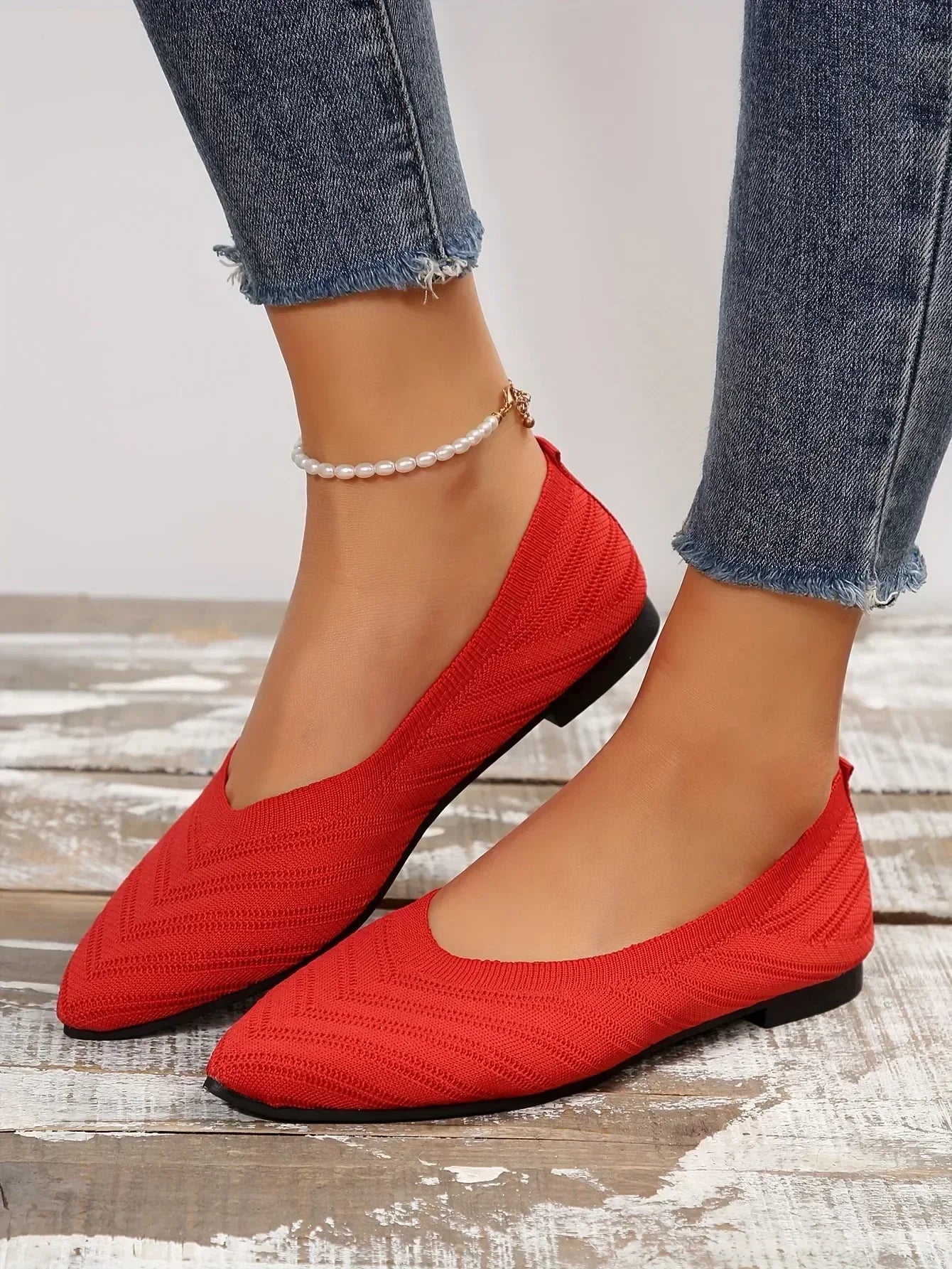 Apricot Knitted Pointed Toe Flat Shoes for Women - Slip-On Comfort