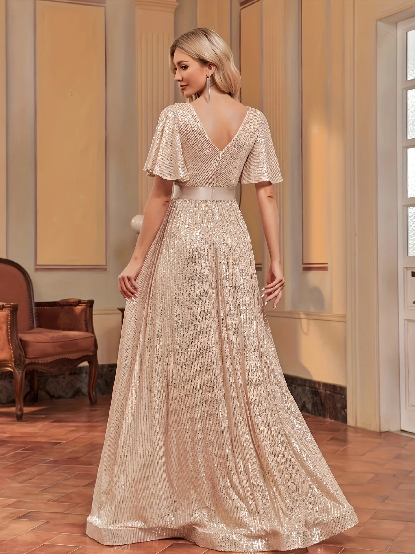 Elegant Retro Flared Sleeve Mesh Evening Gown for Women - JStorehub 