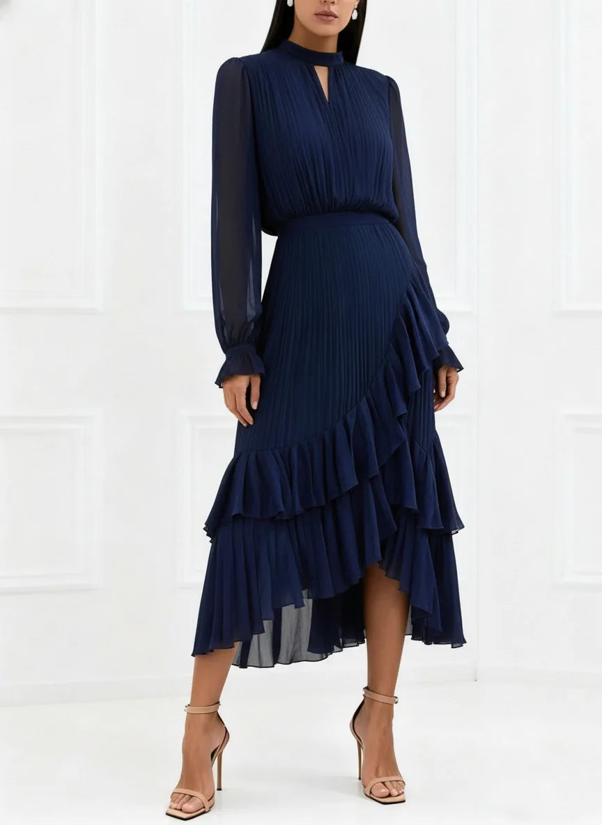 Ruffle Long Sleeve Layered A-Line Dress - Chic Spring Summer Pleated Gown - SalmanStore 