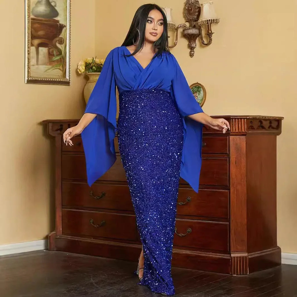 2024 Chiffon Sequin Spliced Deep V Long Evening Prom Gown - JStorehub 